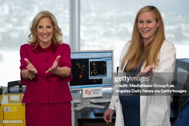 Los Angeles, CA First Lady Jill Biden, left, and Dr. Sarah Parker, Associate Professor at Cedars-Sinai, welcome a question from U.S. Secretary Xavier...