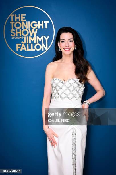 Episode 1887 -- Pictured: Actress Anne Hathaway poses backstage on Friday, December 8, 2023 --