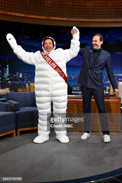 Episode 1887 -- Pictured: Host Jimmy Fallon welcomes Chef Daniel Humm to the show on Friday, December 8, 2023 --