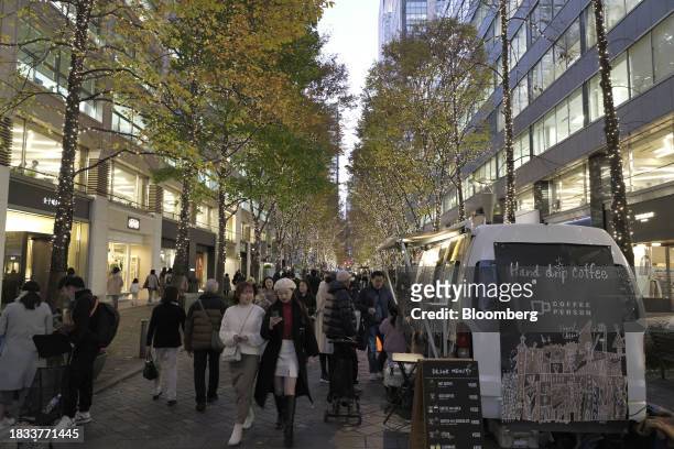 Pop up coffee truck along a street decorated with Christmas lights in the Marunouchi area of Tokyo, Japan, on Friday, Japan, on Dec. 8, 2023....