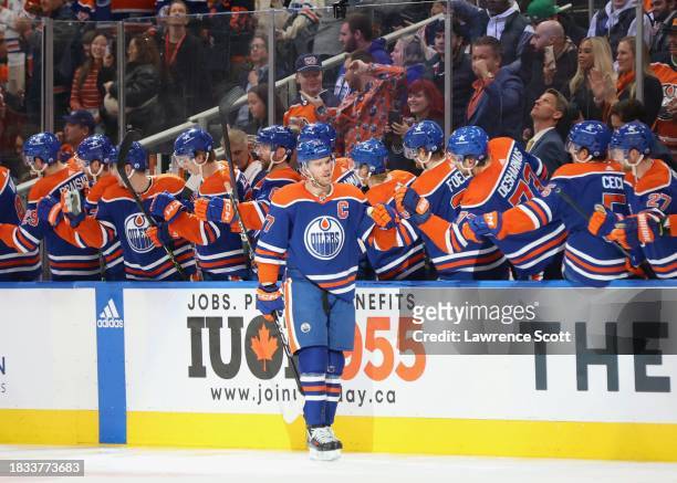 Connor McDavid of the Edmonton Oilers celebrates a goal in the second period against the Minnesota Wild on December 8, 2023 at Rogers Place in...