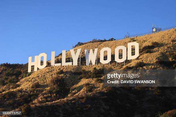 The Hollywood Sign is pictured during a ceremony marking the 100th anniversary of the first time it was lit, in Los Angeles, California, on December...