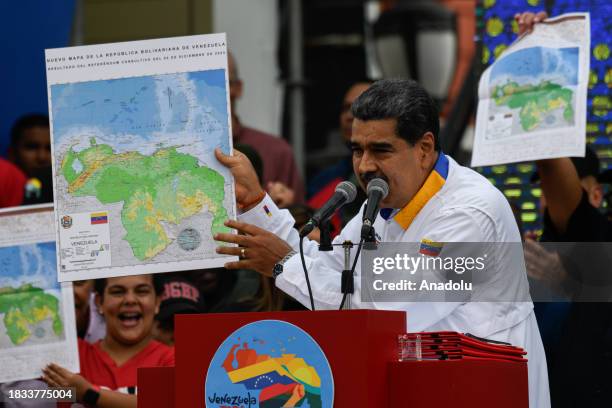 President of Venezuela Nicolas Maduro speaks during the event in support of his government's position in the territorial dispute over Guayana...