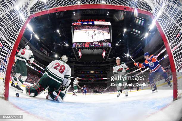 Zach Hyman of the Edmonton Oilers celebrates a third period goal from Evan Bouchard against the Minnesota Wild at Rogers Place on December 8 in...