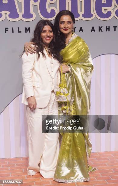 Zoya Akhtar and Rekha attend the premiere of Netflix's "The Archies" on December 05, 2023 in Mumbai, India.