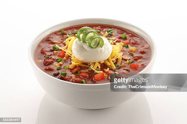 close of up vegetarian chili in white bowl - bean stock pictures, royalty-free photos & images