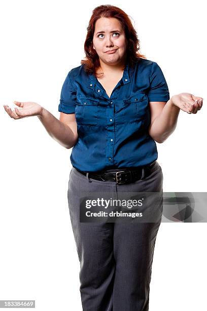 shrugging woman three quarter length - big fat white women stock pictures, royalty-free photos & images