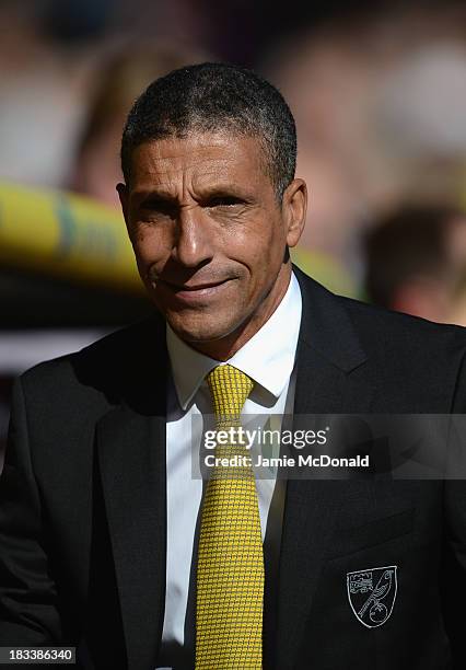 Manager Chris Hughton of Norwich City looks on during the Barclays Premier League match between Norwich City and Chelsea at Carrow Road on October 6,...