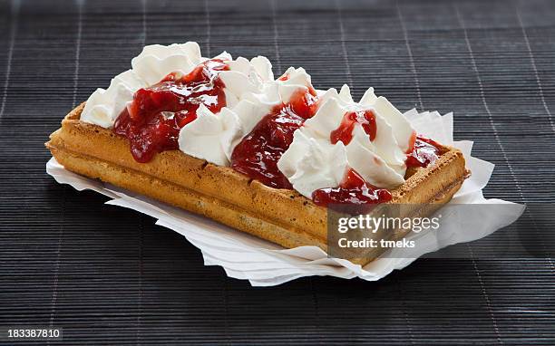 waffle - strawberry syrup stock pictures, royalty-free photos & images