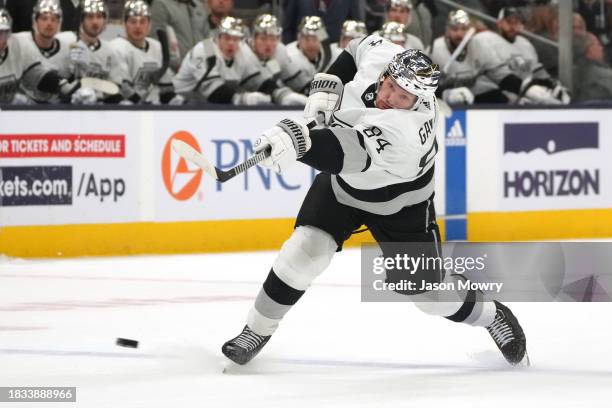 Vladislav Gavrikov of the Los Angeles Kings shoots the puck during the first period against the Columbus Blue Jackets at Nationwide Arena on December...