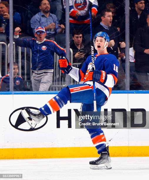 Julien Gauthier of the New York Islanders celebrates his goal against the San Jose Sharks at 9:27 of the first period at UBS Arena on December 05,...