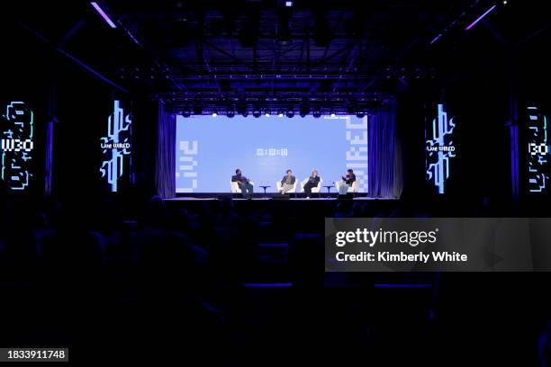 Alan Henry, Special Projects Editor at WIRED; John Hanke; Dr. Rachel Kowert; and Jade Raymond speak onstage during Will Games Eat the World? at WIRED...