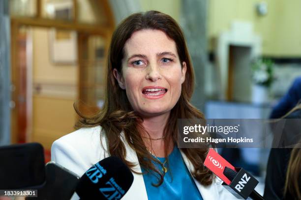 Finance Minister Nicola Willis speaks to media on her way to the house following the State Opening of Parliament on December 06, 2023 in Wellington,...