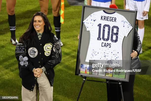 Former United States national team player Ali Krieger is honored prior to the United States playing China PR at Toyota Stadium on December 05, 2023...