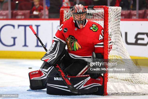 Arvid Soderblom of the Chicago Blackhawks warms up prior to the game against the Nashville Predators at the United Center on December 05, 2023 in...