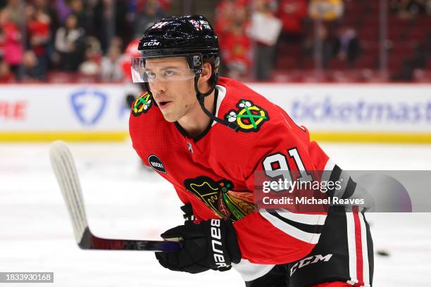 Anthony Beauvillier of the Chicago Blackhawks warms up prior to the game against the Nashville Predators at the United Center on December 05, 2023 in...