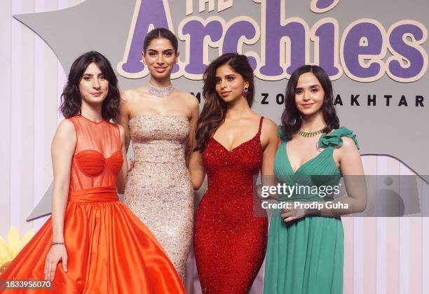 Aditi Dot, Khushi Kapoor, Suhana Khan and Santana Roach attend the premiere of Netflix's "The Archies" on December 05, 2023 in Mumbai, India.