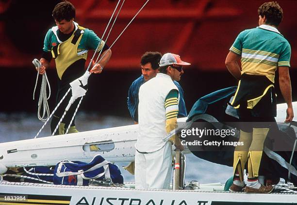 The Australian 11 Team Skipper John Bertrand of Australia on the boat heading for the start line before the America's Cup race 1983 held in...