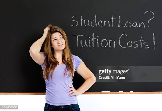 teenage girl student contemplating education finance, loan and debt confusion - raised eyebrows stock pictures, royalty-free photos & images