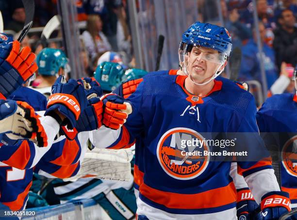 Mike Reilly of the New York Islanders celebrates his third period goal against the San Jose Sharks at UBS Arena on December 05, 2023 in Elmont, New...