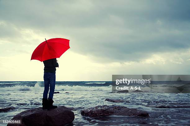 young girl dreaming at the beach - standing in the rain girl stockfoto's en -beelden