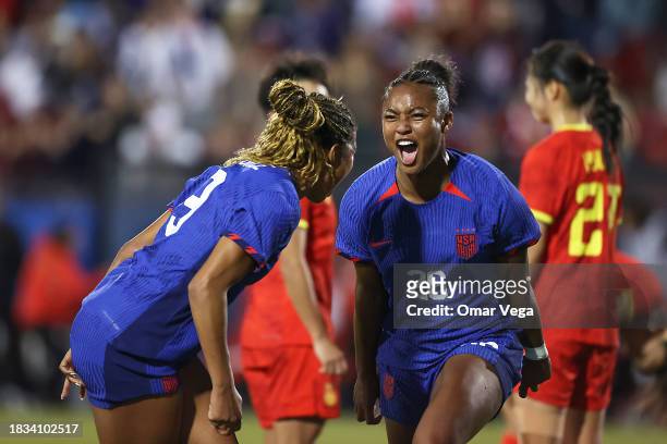Jaedyn Shaw of United States celebrates with temamate Midge Purce after scoring the team´s second goal during friendly game between China PR and...