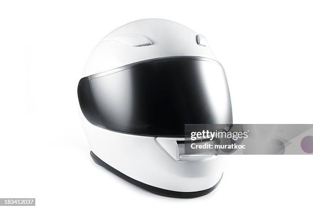 white motorcycle helmet with black visor on white background - helmet stock pictures, royalty-free photos & images