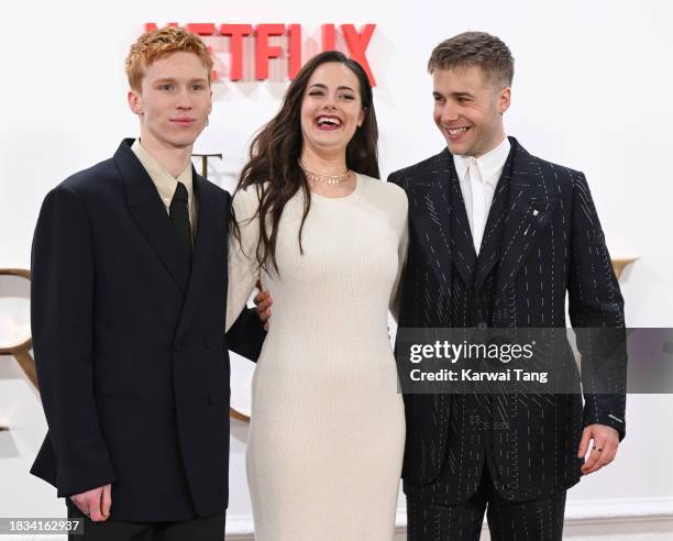 Luther Ford, Meg Bellamy and Ed McVey attend "The Crown" Finale Celebration at The Royal Festival Hall on December 05, 2023 in London, England.