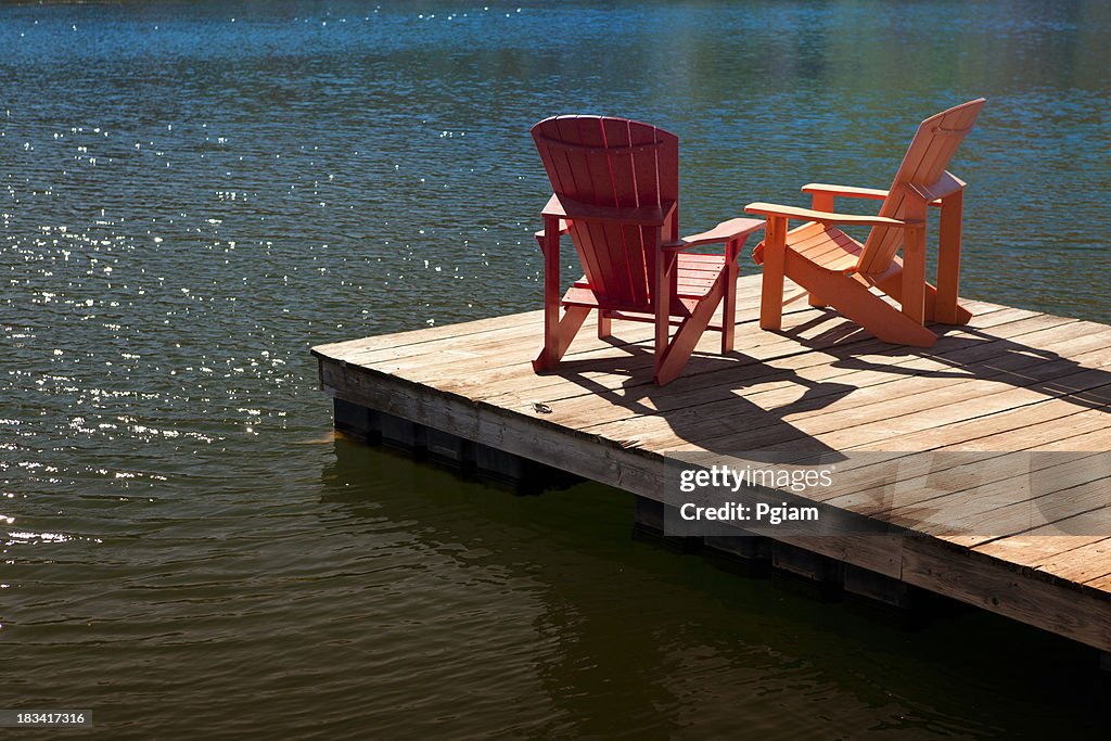 Adirondack chairs on a dock