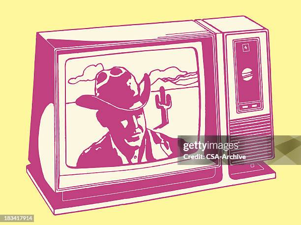 television airing a cowboy show - retro television stock illustrations