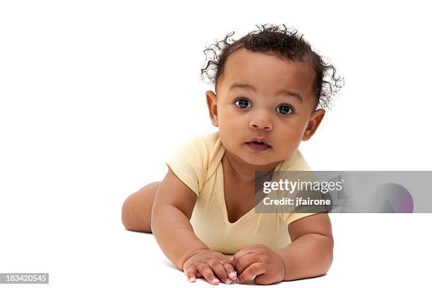 cute african american baby on white background - black baby stockfoto's en -beelden