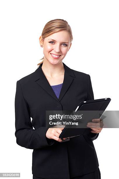smiling young businesswoman in suit using tablet computer on white - purple suit stock pictures, royalty-free photos & images