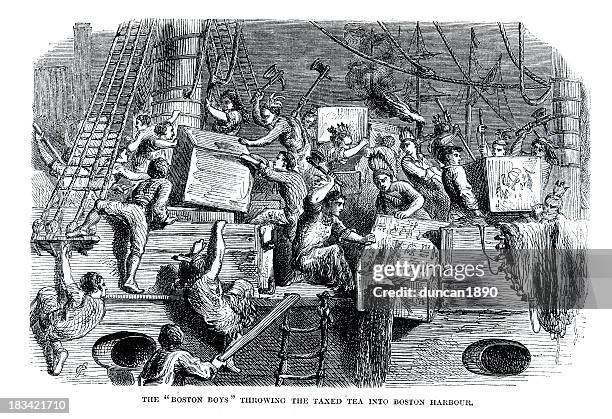 illustrazioni stock, clip art, cartoni animati e icone di tendenza di boston tea party - boston massachusetts