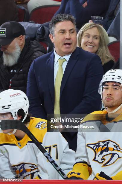 Head coach Andrew Brunette of the Nashville Predators reacts against the Chicago Blackhawks during the third period at the United Center on December...