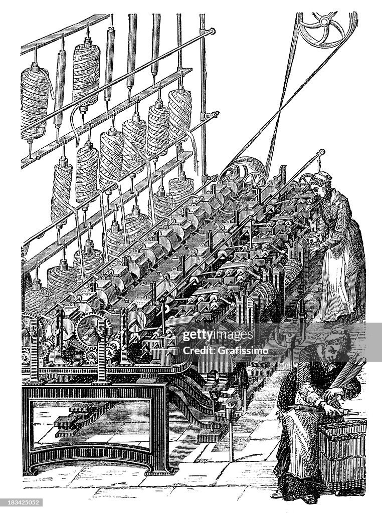 Engraving woman working with wool at weaving loom