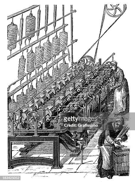 engraving woman working with wool at weaving loom - industrial revolution stock illustrations