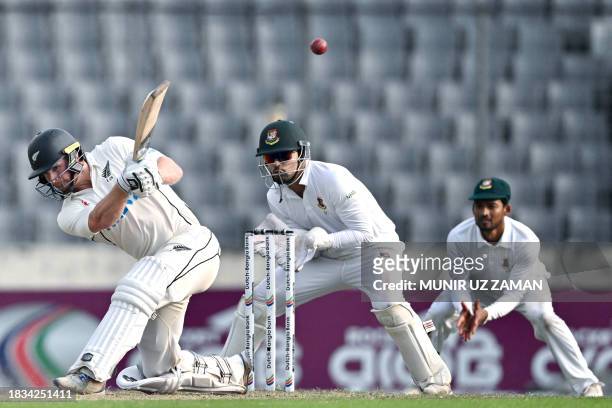 New Zealand's Glenn Phillips plays a shot during the fourth day of second Test cricket match between Bangladesh and New Zealand at the Sher-e-Bangla...