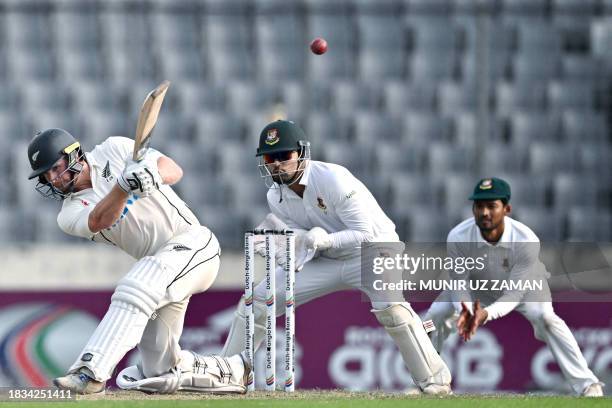 New Zealand's Glenn Phillips plays a shot during the fourth day of second Test cricket match between Bangladesh and New Zealand at the Sher-e-Bangla...