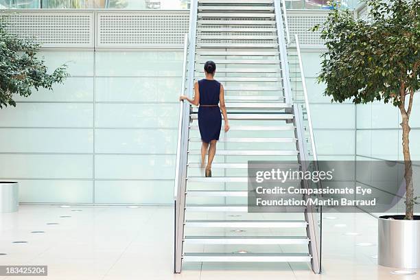 businesswoman in modern lobby, rear view - business woman rear view stock pictures, royalty-free photos & images