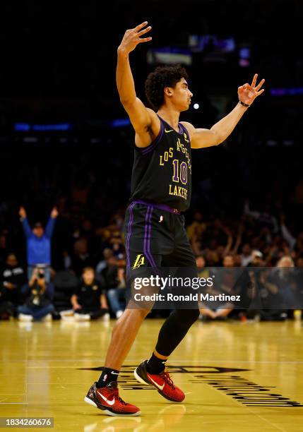 Max Christie of the Los Angeles Lakers celebrates a three-point shot against the Phoenix Suns in the second half during the 2023 NBA In-Season...