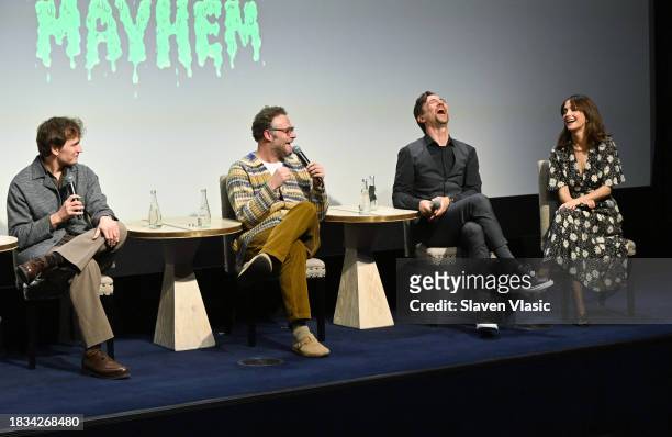 Jeff Rowe, Seth Rogen, James Weaver and Rose Byrne speak onstage NYC special screening of "Teenage Mutant Ninja Turtles: Mutant Mayhem" at The Whitby...