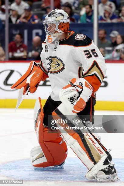 John Gibson of the Anaheim Ducks tends goal against the Colorado Avalanche in the second period at Ball Arena on December 05, 2023 in Denver,...