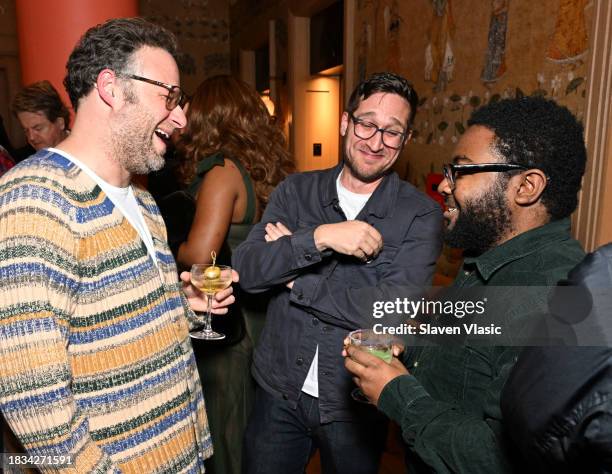 Seth Rogen speaks to guests during th NYC special screening of "Teenage Mutant Ninja Turtles: Mutant Mayhem" at The Whitby Hotel on December 05 in...