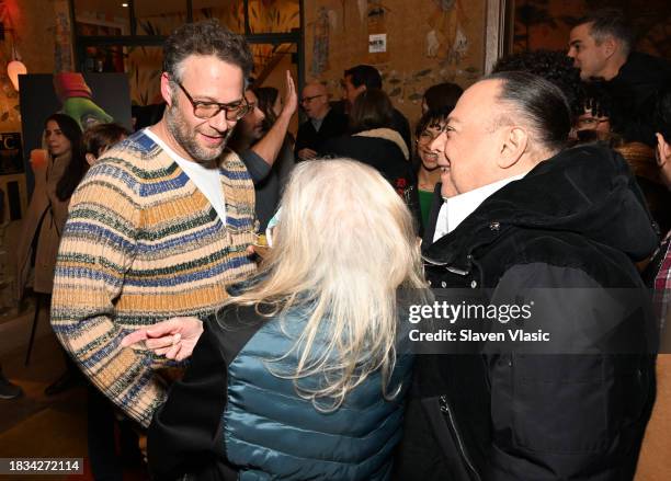 Seth Rogen speaks to guests during th NYC special screening of "Teenage Mutant Ninja Turtles: Mutant Mayhem" at The Whitby Hotel on December 05 in...