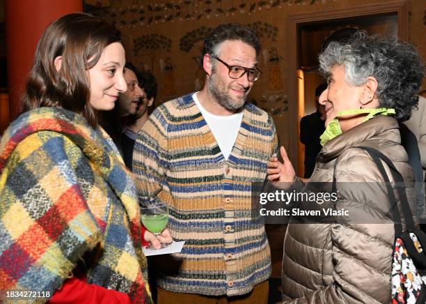 Seth Rogen speaks to guests during th NYC special screening of "Teenage Mutant Ninja Turtles: Mutant Mayhem" at The Whitby Hotel on December 05 in...