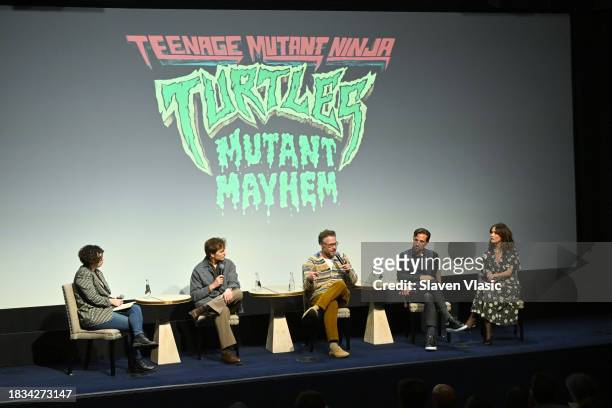 Esther Zuckerman, Jeff Rowe, Seth Rogen, James Weaver and Rose Byrne speeak onstage NYC special screening of "Teenage Mutant Ninja Turtles: Mutant...