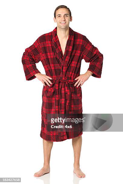 happy man standing in a bath robe - bath isolated stock pictures, royalty-free photos & images