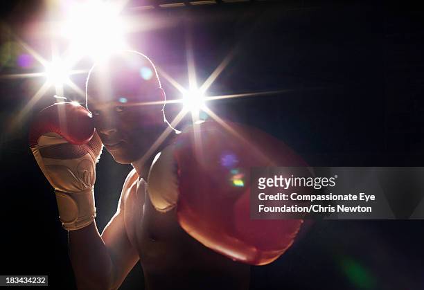 boxer wearing gloves looking intimidating - boxing arena stock pictures, royalty-free photos & images