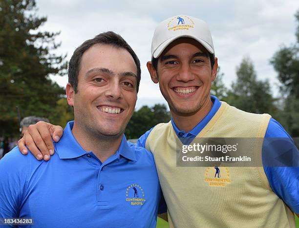 Francesco Molinari of the European team celebrates winning his match with Matteo Manassero during the final days singles matches at the Seve Trophy...