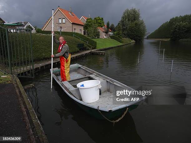 Dutch fisherman Aart van der Waal brings a load of eels ashore on a small canal at Nieuwendijk on September 18, 2013 at the start of the Eels over...